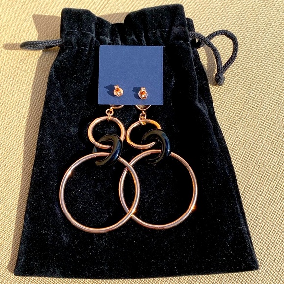 🆕 18kt Rose Gold Earrings Bronzallure & Onyx 3” Dangly Circle Hoop, MILOR ITALY - Picture 11 of 13